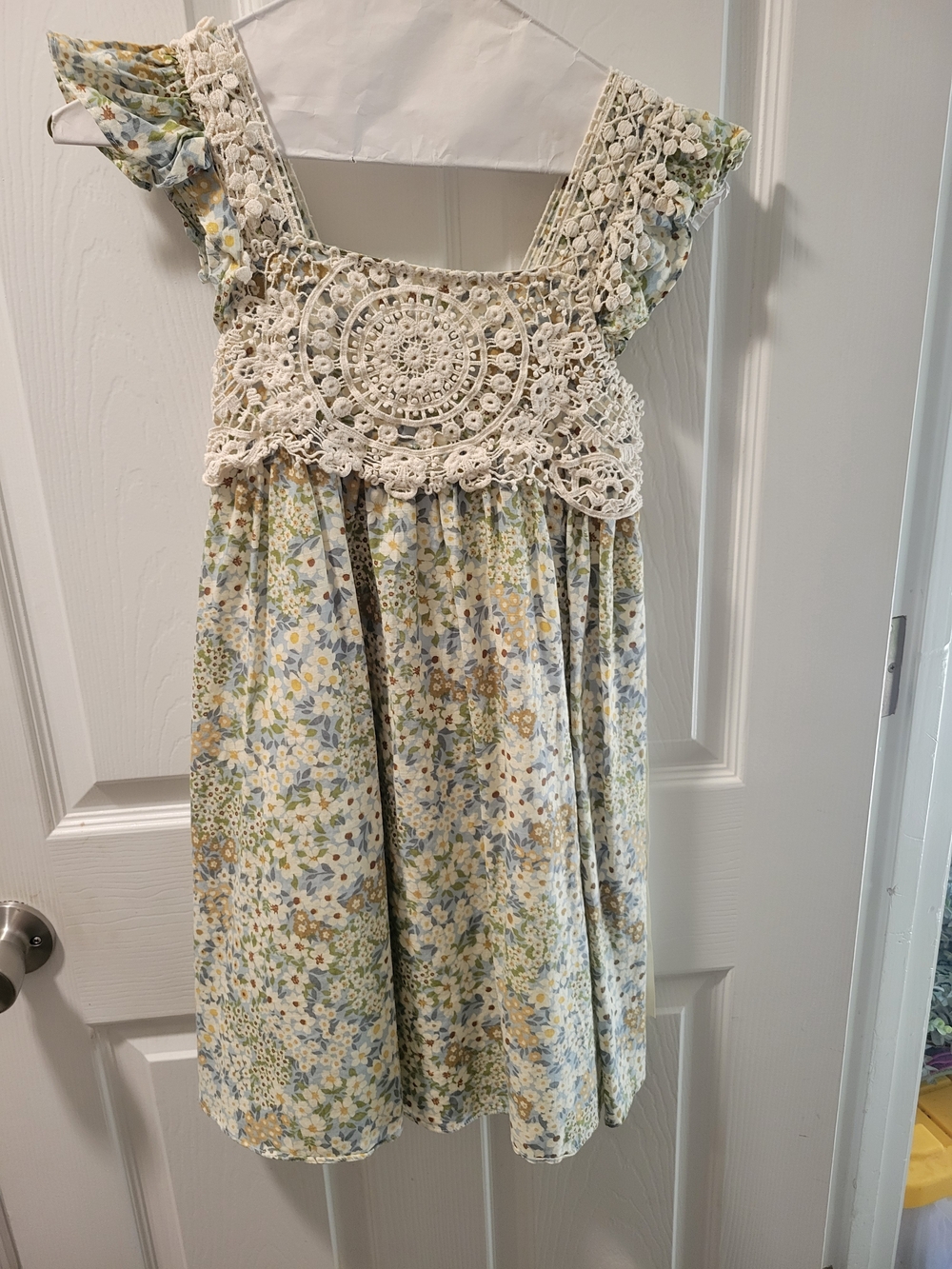 Girls' Floral Crochet Bodice Dress - Cream & Blue